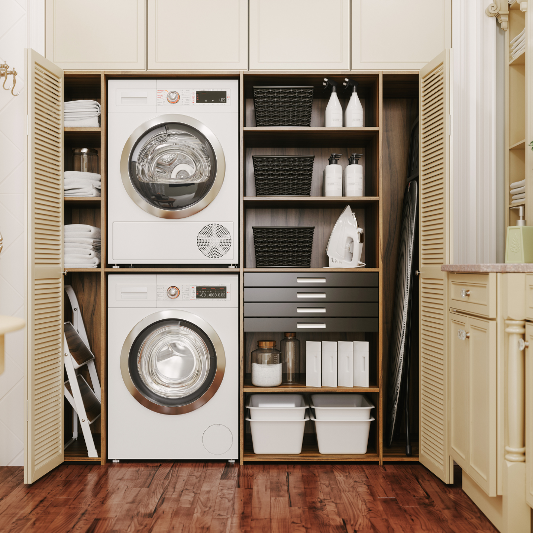 Declutter your laundry room by emptying shelves and cupboards completely