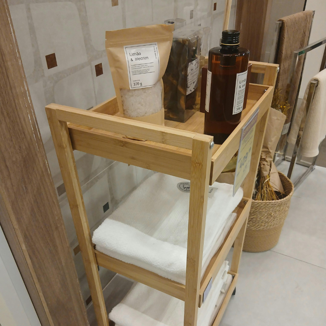 Bamboo bathroom storage unit on wheels
