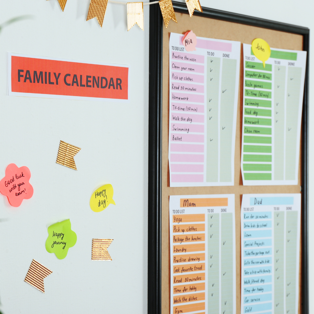 Family calendar on a kitchen wall for a Sunday planning check-in