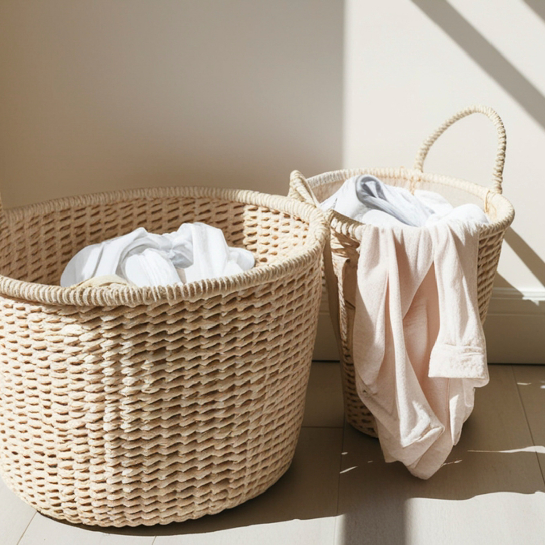 laundry sorting system with three labelled hampers ready for washing